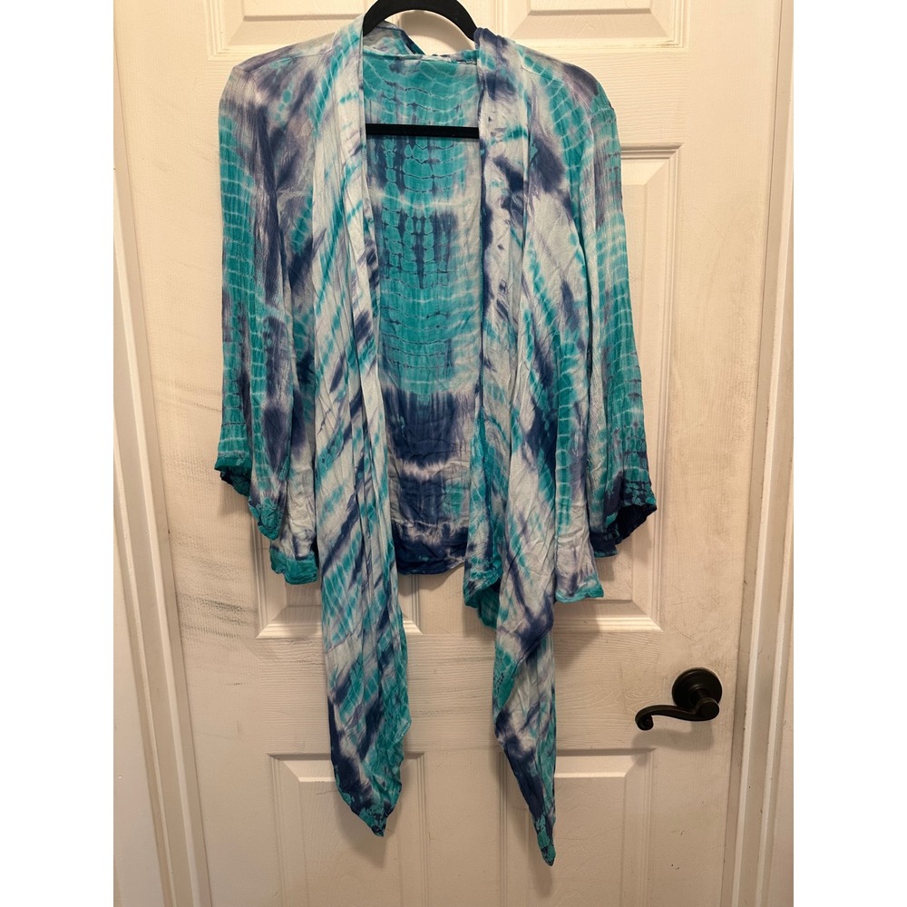 Boho Tie Dye Open Front Kimono Cardigan Teal Navy Blue Lightweight Wrap Top